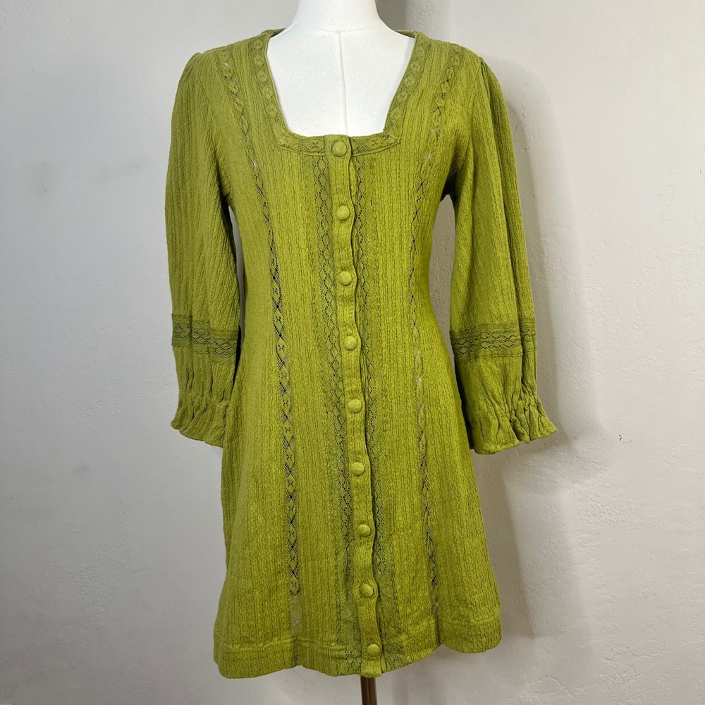 Free People Free-Est Jules Crochet Lace Mini Dress Large Green Textured Cotton
